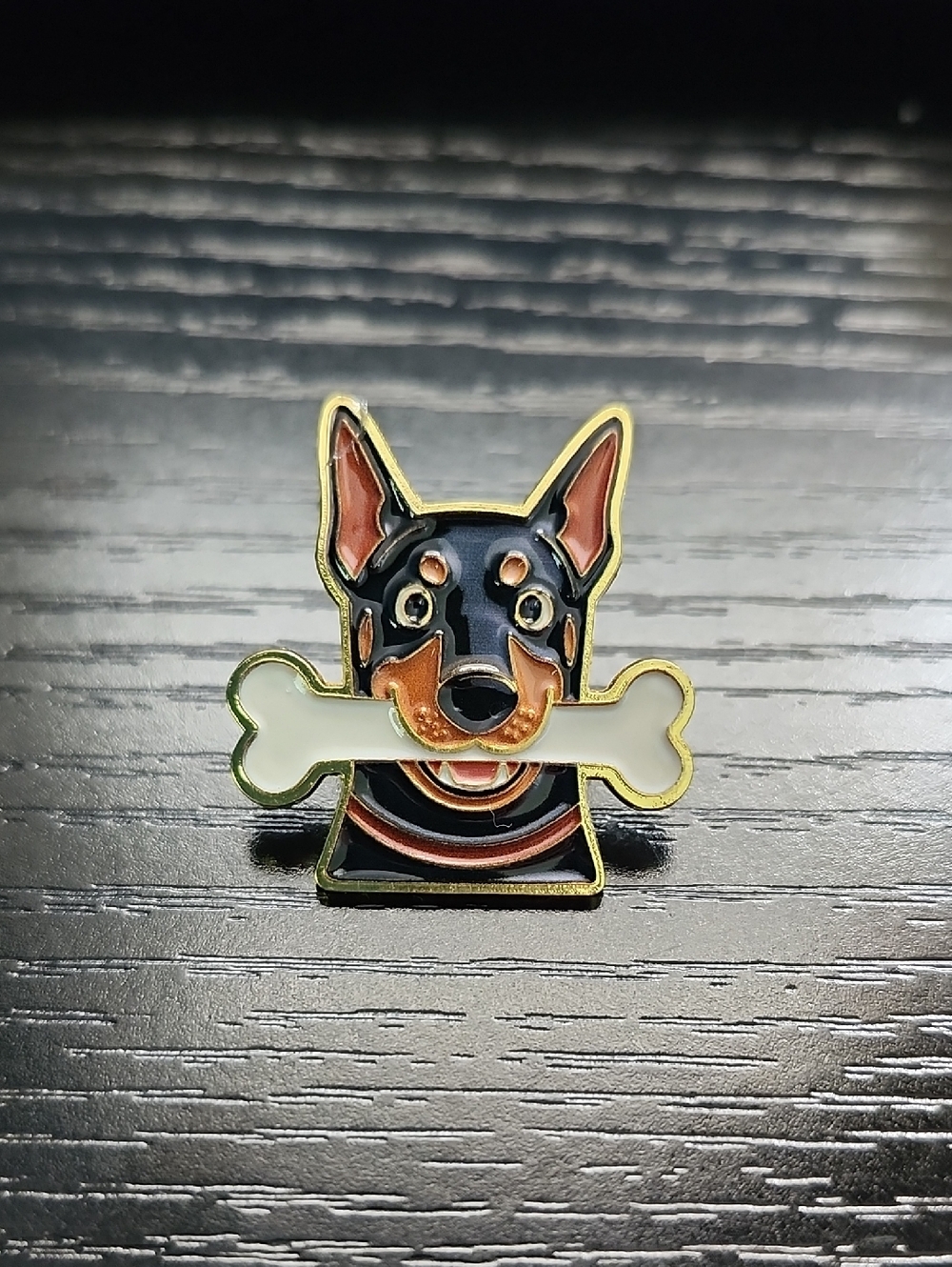 Doberman Dog Enamel Pin — Black and Brown with Bone